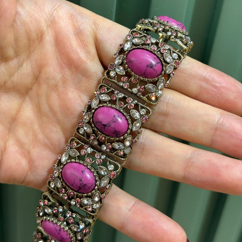 Vintage Style Purple Natural Stone Wide Link Bracelet