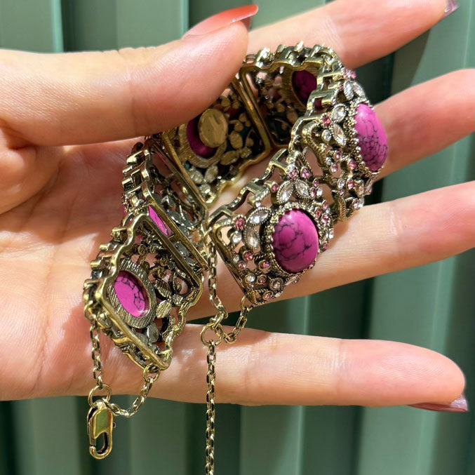 Vintage Style Purple Natural Stone Wide Link Bracelet