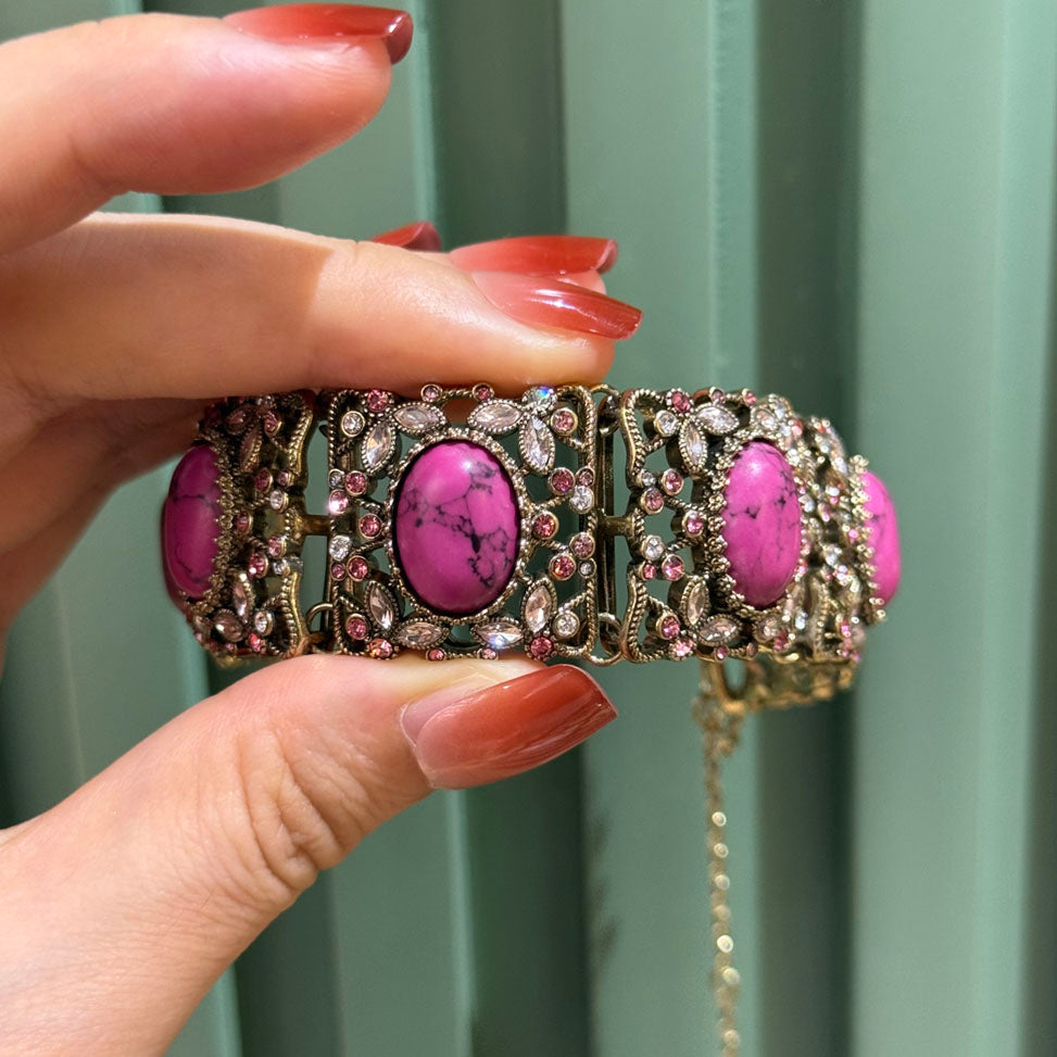 Vintage Style Purple Natural Stone Wide Link Bracelet