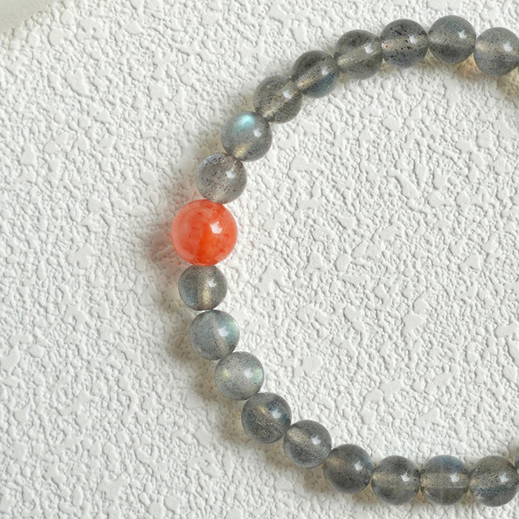 6mm Gray Moonstone & Red Agate Crystal Bracelet