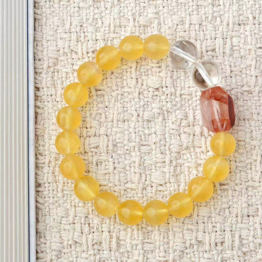8mm Yellow Fluorite, Red Phantom Quartz & Clear Quartz Crystal Bracelet