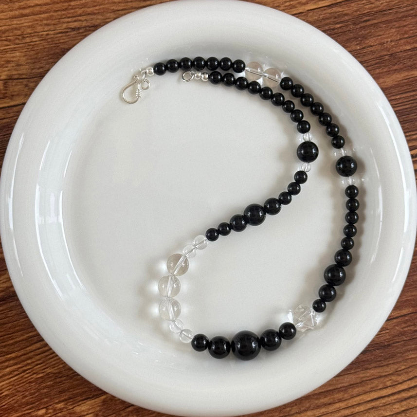 6mm-14mm Black Obsidian & Clear Quartz Necklace