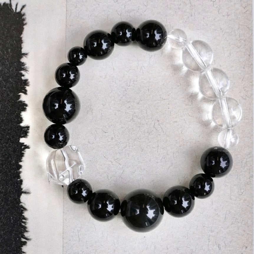 6mm-14mm Obsidian & Clear Quartz Bracelet