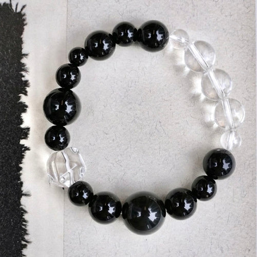 6mm-14mm Obsidian & Clear Quartz Bracelet