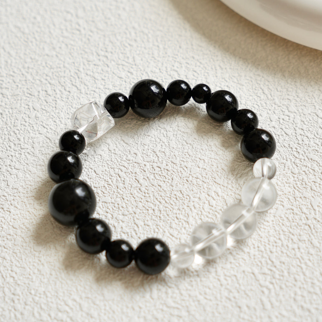 6mm-14mm Obsidian & Clear Quartz Bracelet