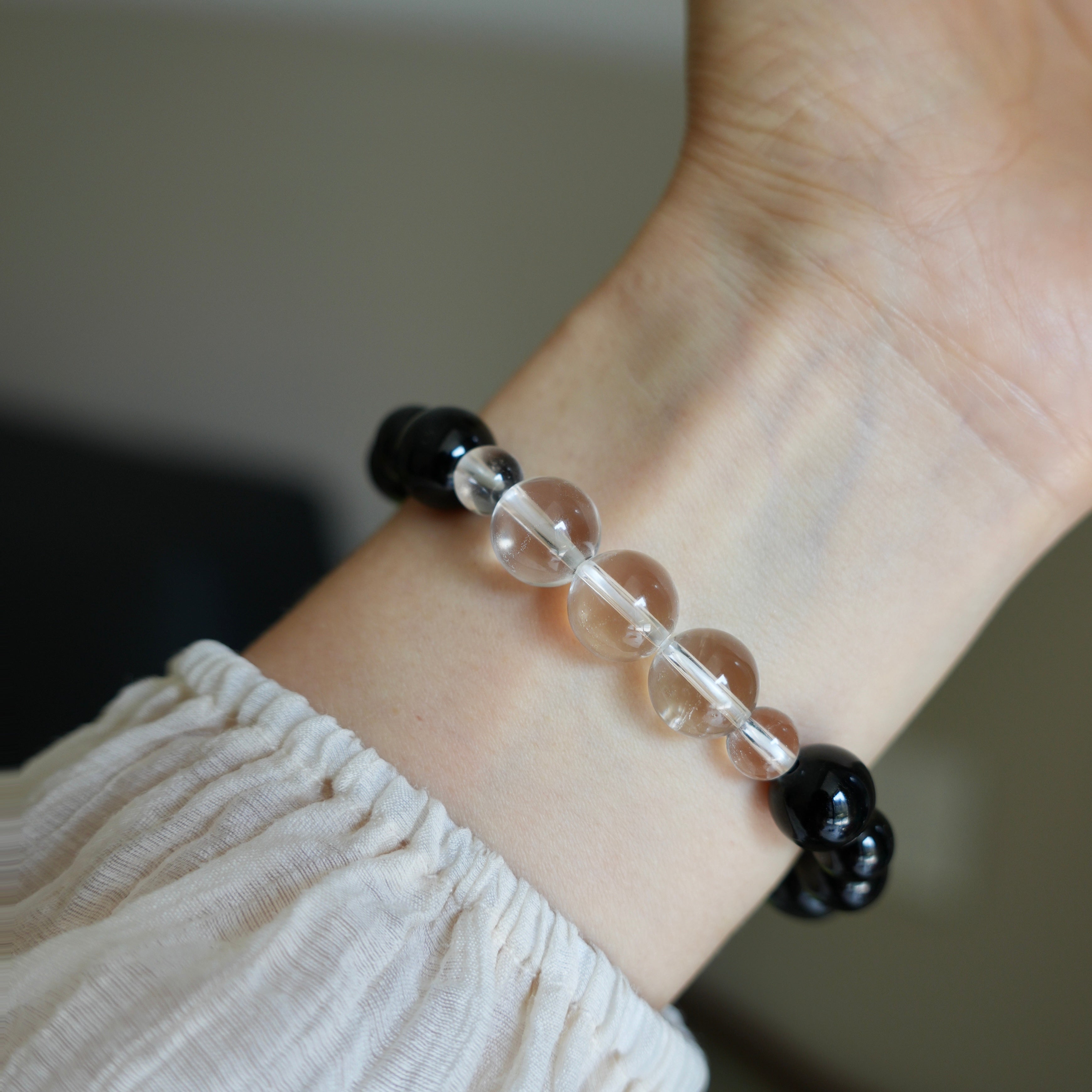 6mm-14mm Obsidian & Clear Quartz Bracelet