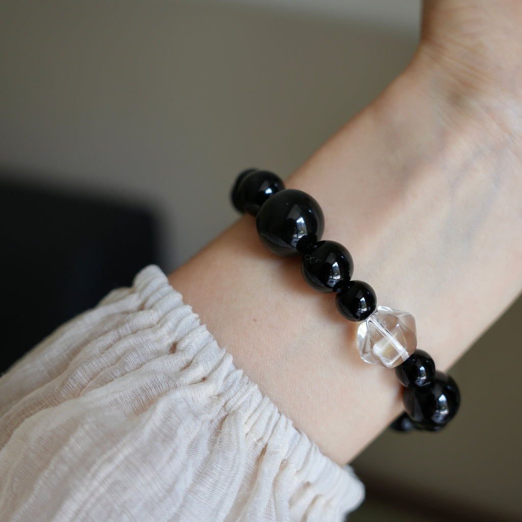 6mm-14mm Obsidian & Clear Quartz Bracelet