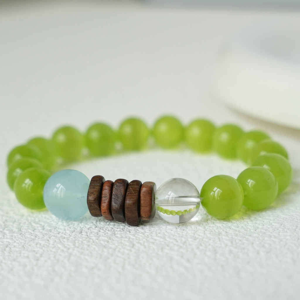 10mm Green Cat's Eye, Aquamarine, Clear Quartz & Agarwood Bracelet