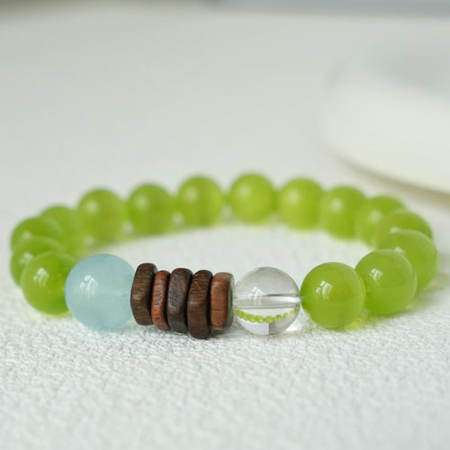 10mm Green Cat's Eye, Aquamarine, Clear Quartz & Agarwood Bracelet
