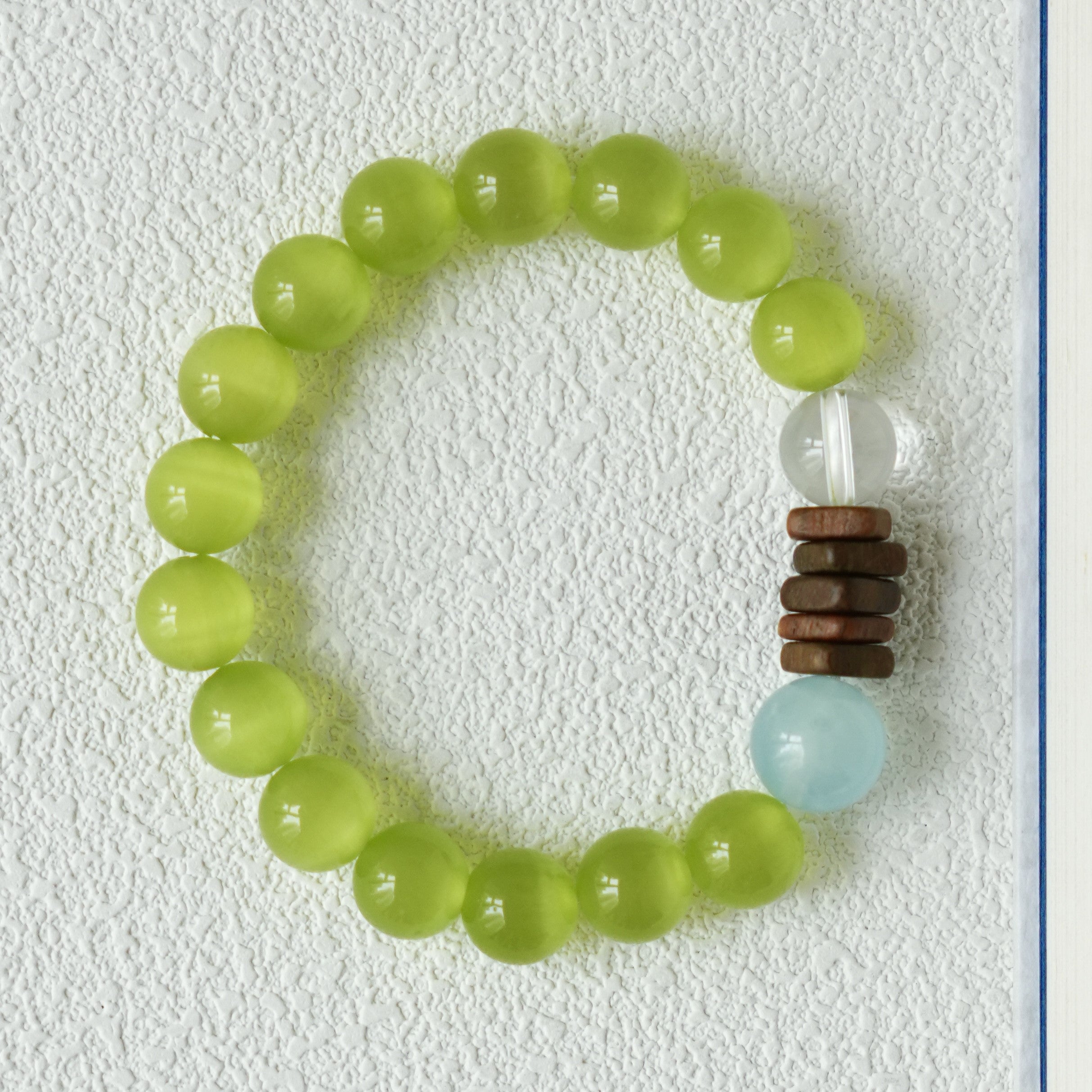 10mm Green Cat's Eye, Aquamarine, Clear Quartz & Agarwood Bracelet