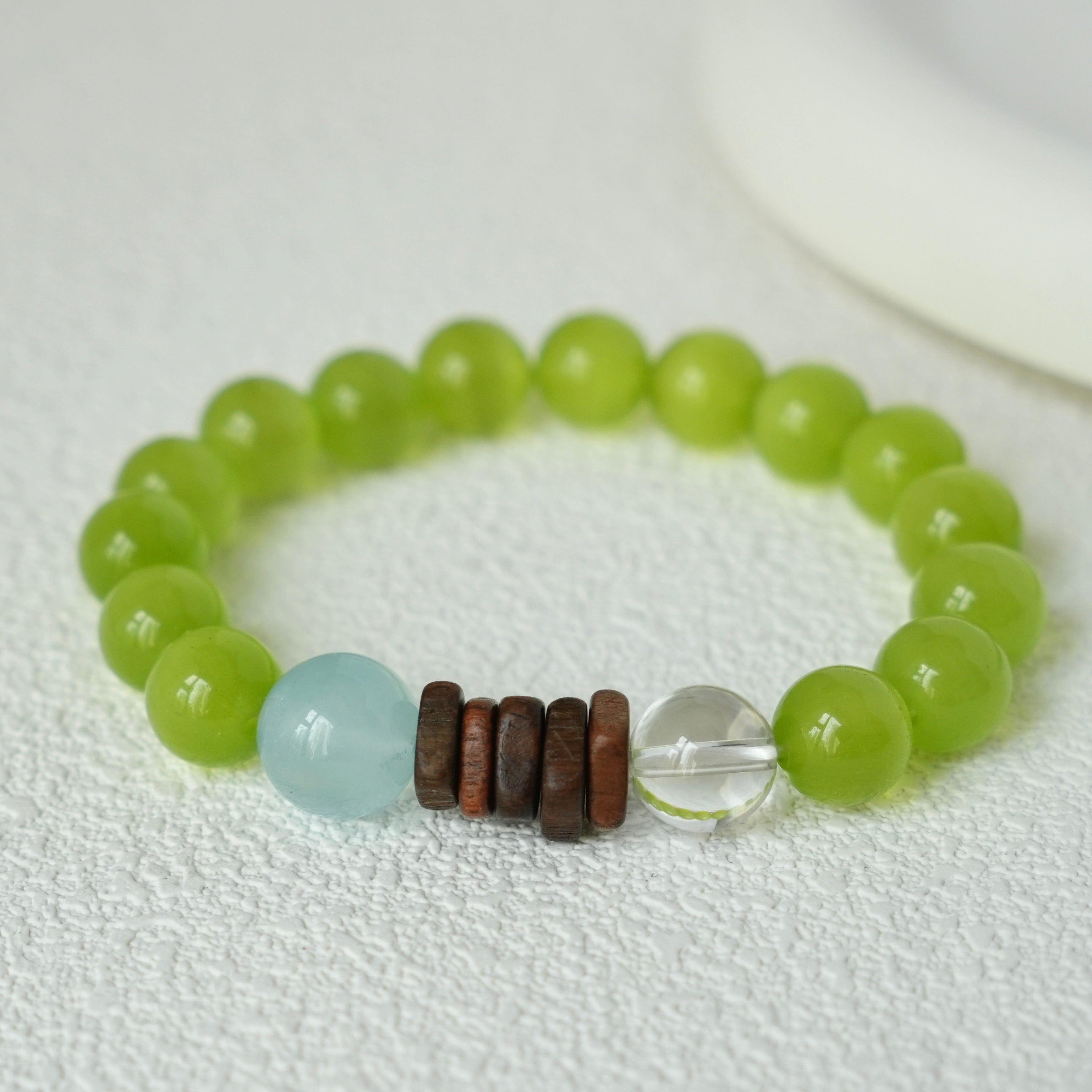 10mm Green Cat's Eye, Aquamarine, Clear Quartz & Agarwood Bracelet