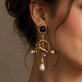 Vintage Bird Clip On Dangle Earrings Black Onyx Pearl Antique Gold Jewelry