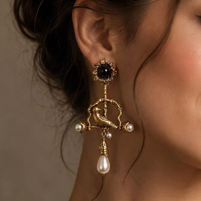 Vintage Bird Clip On Dangle Earrings Black Onyx Pearl Antique Gold Jewelry