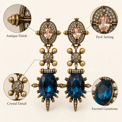 Vintage-Style Blue Pink Crystal Statement Drop Dangle Earrings for Women