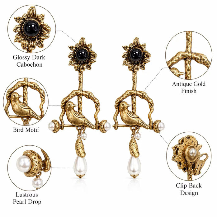 Vintage Bird Clip On Dangle Earrings Black Onyx Pearl Antique Gold Jewelry