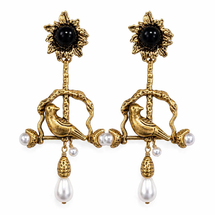 Vintage Bird Clip On Dangle Earrings Black Onyx Pearl Antique Gold Jewelry