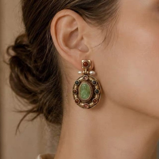Antique Gold Vintage Cameo Dangle Earrings Multicolor Stone Pearl Jewelry