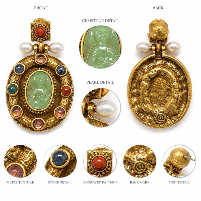 Antique Gold Vintage Cameo Dangle Earrings Multicolor Stone Pearl Jewelry