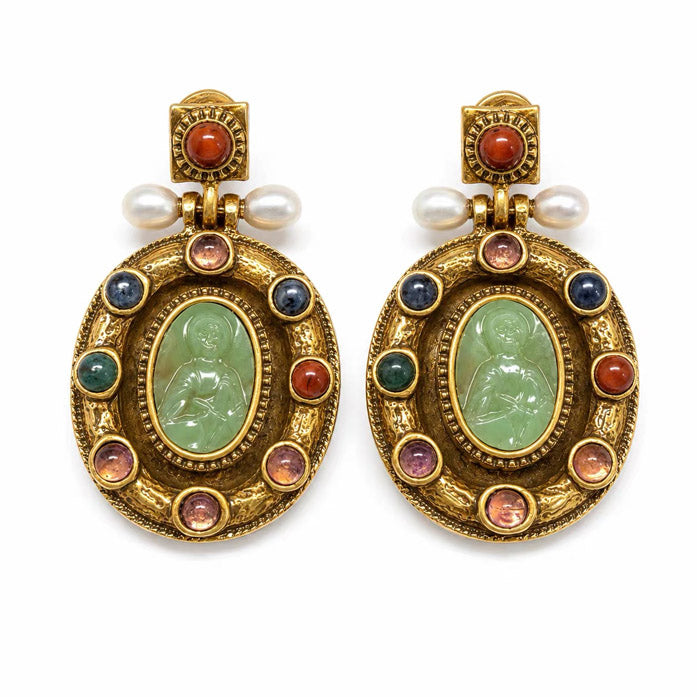 Antique Gold Vintage Cameo Dangle Earrings Multicolor Stone Pearl Jewelry