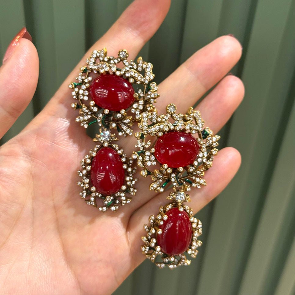 Vintage Style Red Natural Stone Crystal Drop Statement Earrings