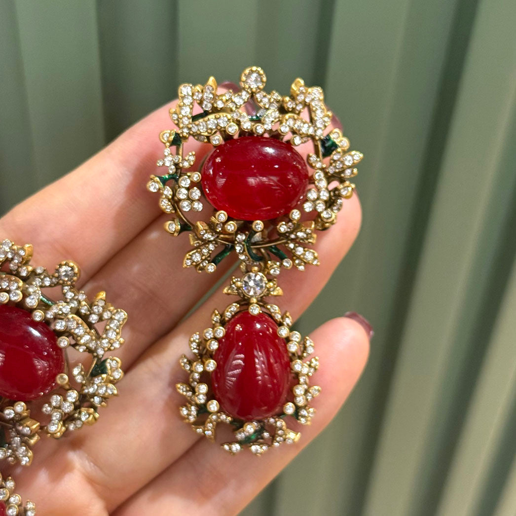 Vintage Style Red Natural Stone Crystal Drop Statement Earrings