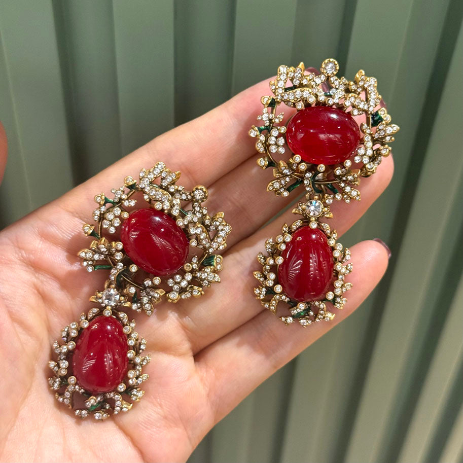 Vintage Style Red Natural Stone Crystal Drop Statement Earrings