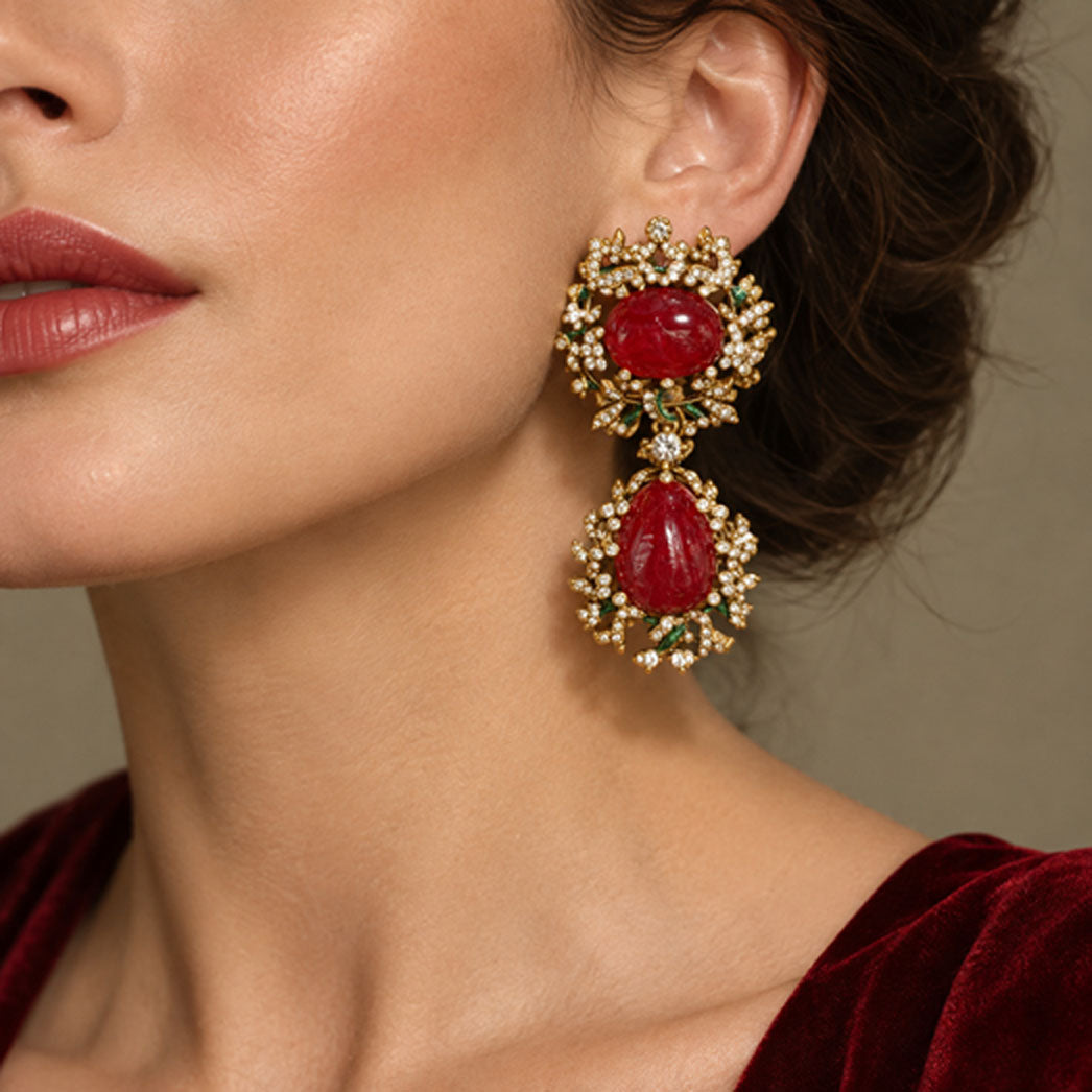 Vintage Style Red Natural Stone Crystal Drop Statement Earrings