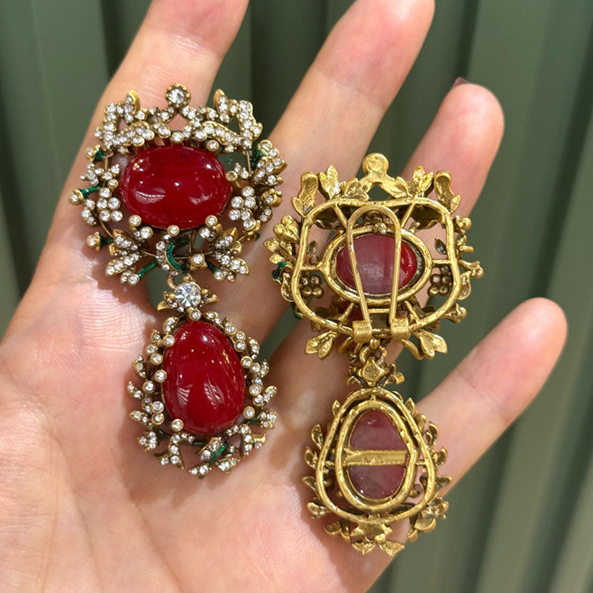 Vintage Style Red Natural Stone Crystal Drop Statement Earrings