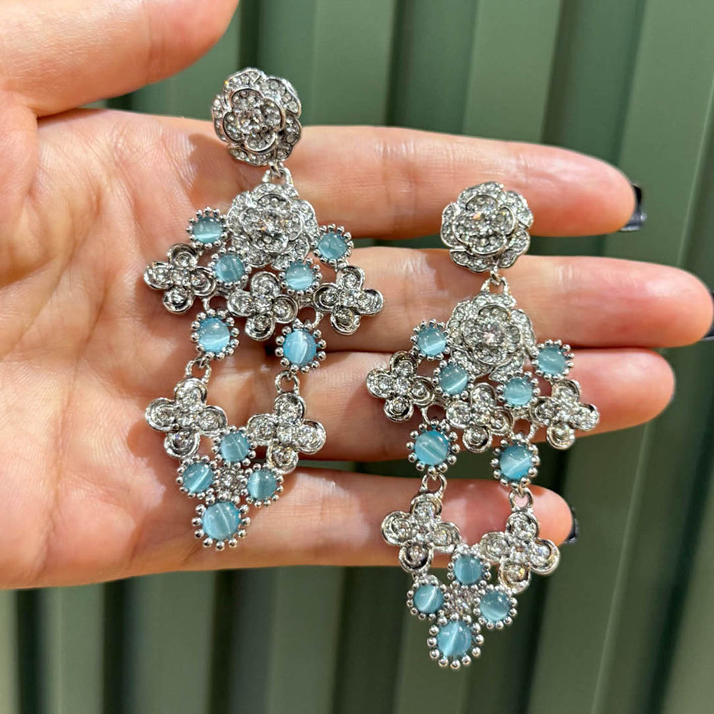 Vintage Style Blue Cat Eye Earrings – Crystal Floral Drop Statement Jewelry for Women