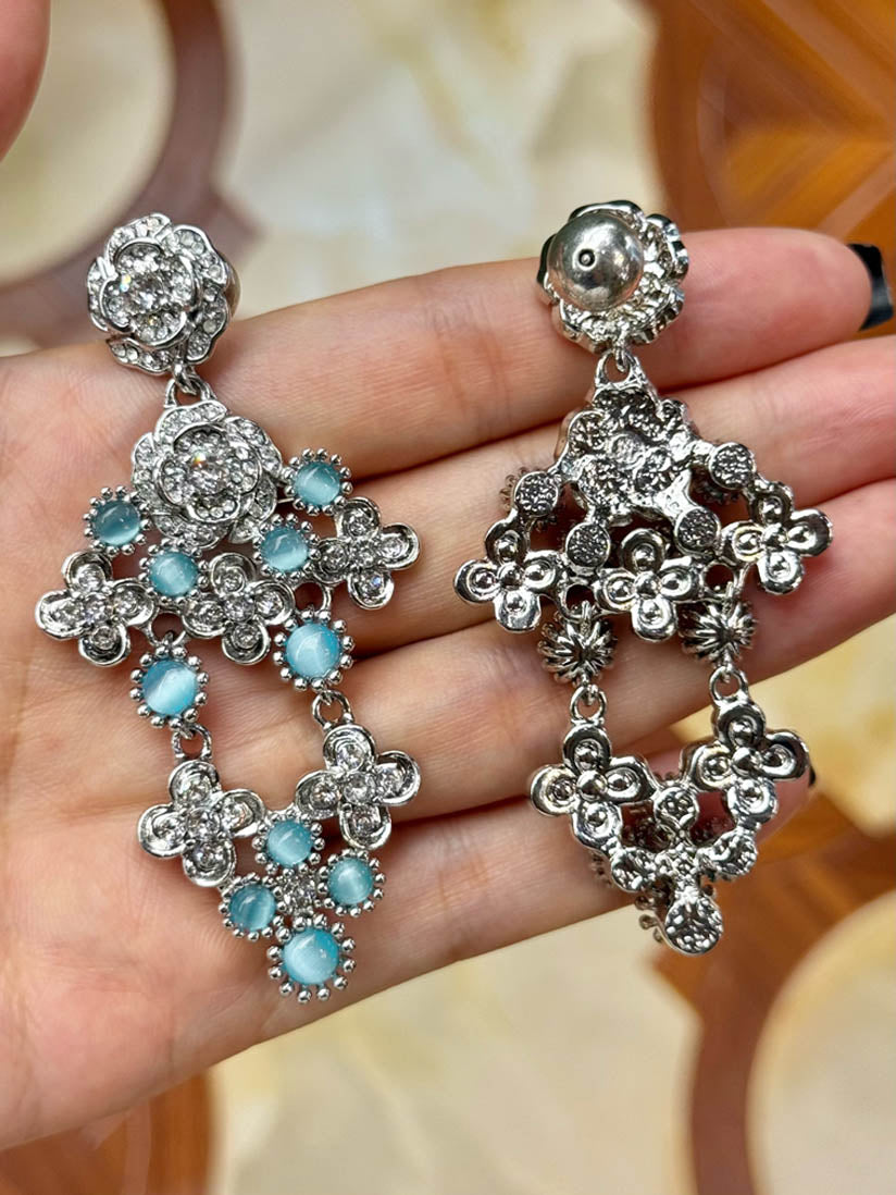 Vintage Style Blue Cat Eye Earrings – Crystal Floral Drop Statement Jewelry for Women