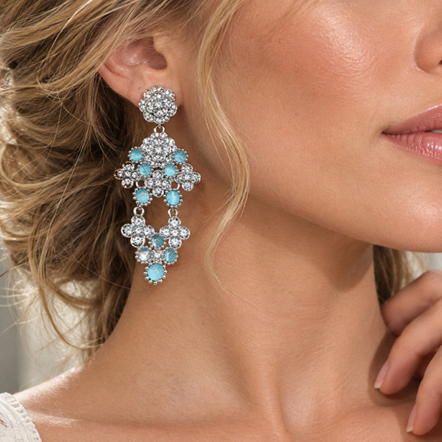 Vintage Style Blue Cat Eye Earrings – Crystal Floral Drop Statement Jewelry for Women