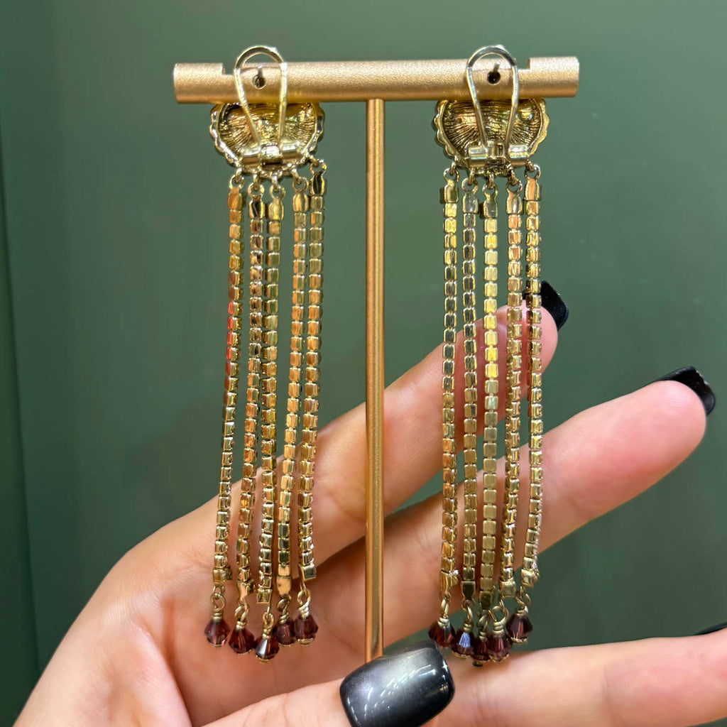 Vintage Style Burgundy Crystal Drop Earrings – Gold-Tone Rhinestone Statement Jewelry