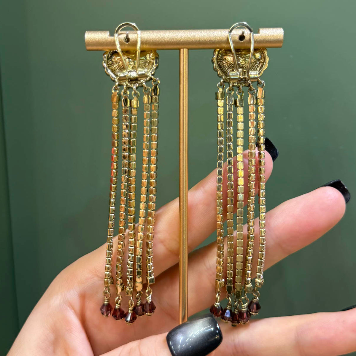 Vintage Style Burgundy Crystal Drop Earrings – Gold-Tone Rhinestone Statement Jewelry