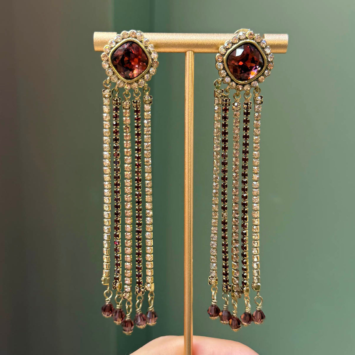 Vintage Style Burgundy Crystal Drop Earrings – Gold-Tone Rhinestone Statement Jewelry