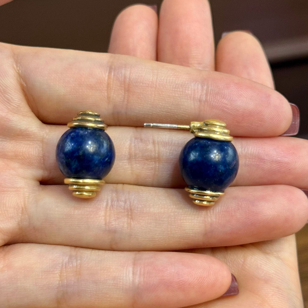 Vintage Style Lapis Lazuli Stud Earrings for Women, Gold Tone Natural Stone Earrings, Elegant Lapis Lazuli Jewelry