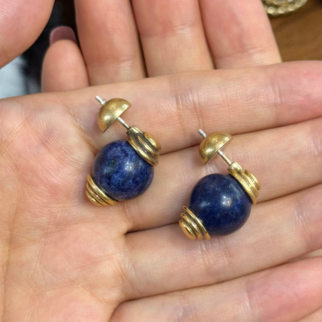 Vintage Style Lapis Lazuli Stud Earrings for Women, Gold Tone Natural Stone Earrings, Elegant Lapis Lazuli Jewelry