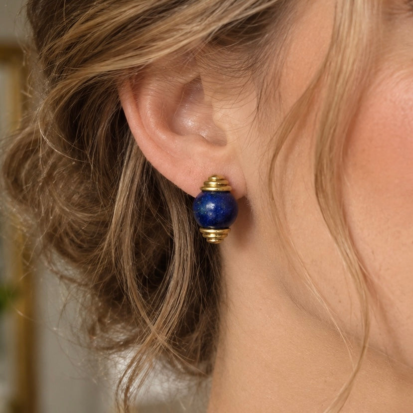 Vintage Style Lapis Lazuli Stud Earrings for Women, Gold Tone Natural Stone Earrings, Elegant Lapis Lazuli Jewelry