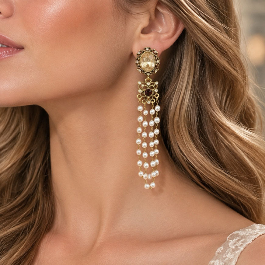 Vintage Style Pearl Drop Earrings for Women, Gold Tone Dangle Statement Earrings, Elegant Retro Jewelry Gift