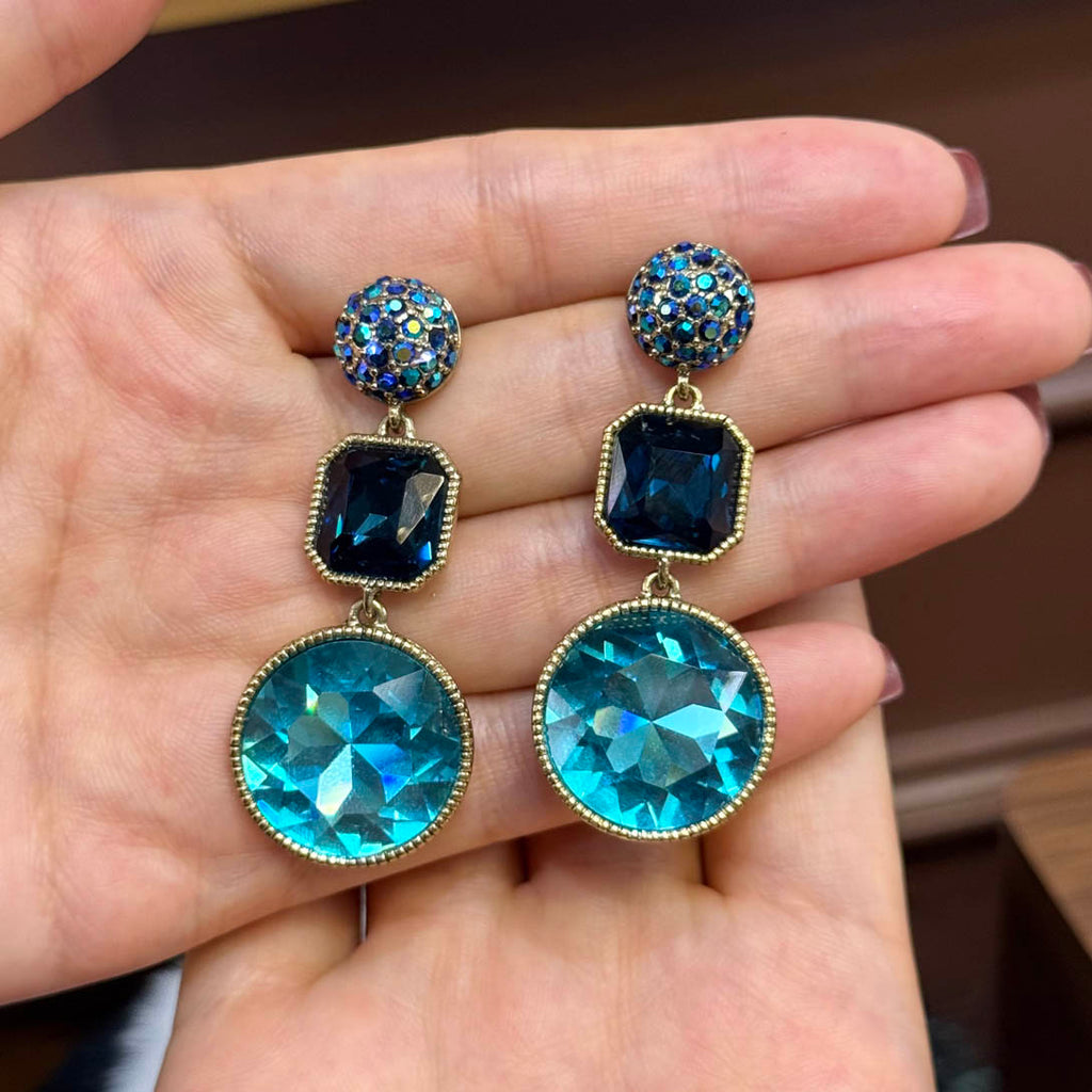 Vintage Style Blue Crystal Drop Earrings for Women, Gold Tone Statement Dangle Earrings, Retro Jewelry Gift