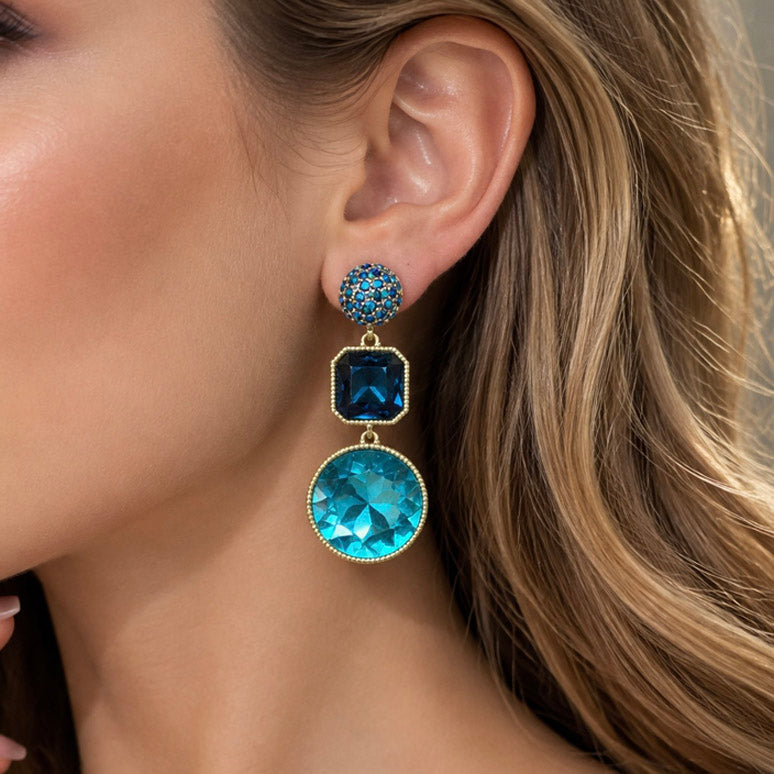 Vintage Style Blue Crystal Drop Earrings for Women, Gold Tone Statement Dangle Earrings, Retro Jewelry Gift