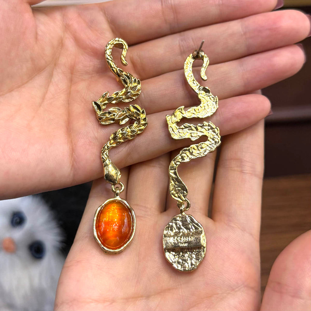 Vintage Style Snake Drop Earrings for Women, Gold Tone Orange Crystal Dangle Earrings, Nature Inspired Jewelry Gift