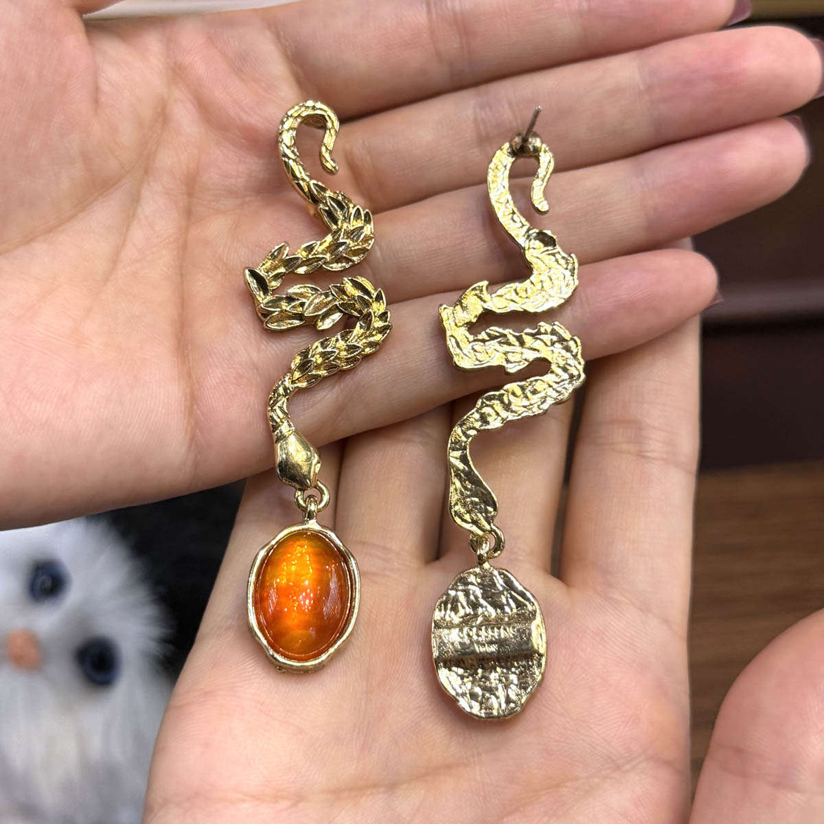 Vintage Style Snake Drop Earrings for Women, Gold Tone Orange Crystal Dangle Earrings, Nature Inspired Jewelry Gift