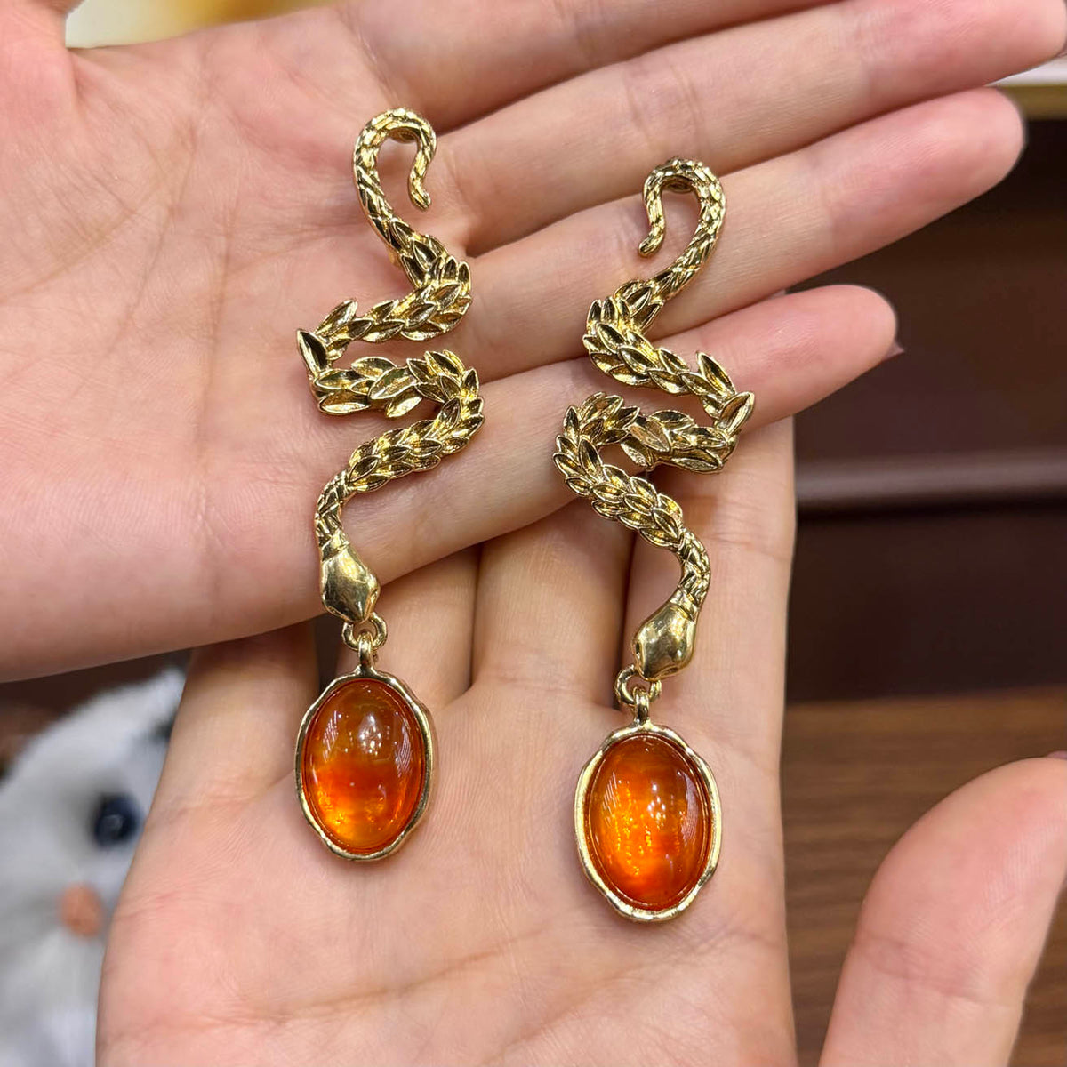 Vintage Style Snake Drop Earrings for Women, Gold Tone Orange Crystal Dangle Earrings, Nature Inspired Jewelry Gift