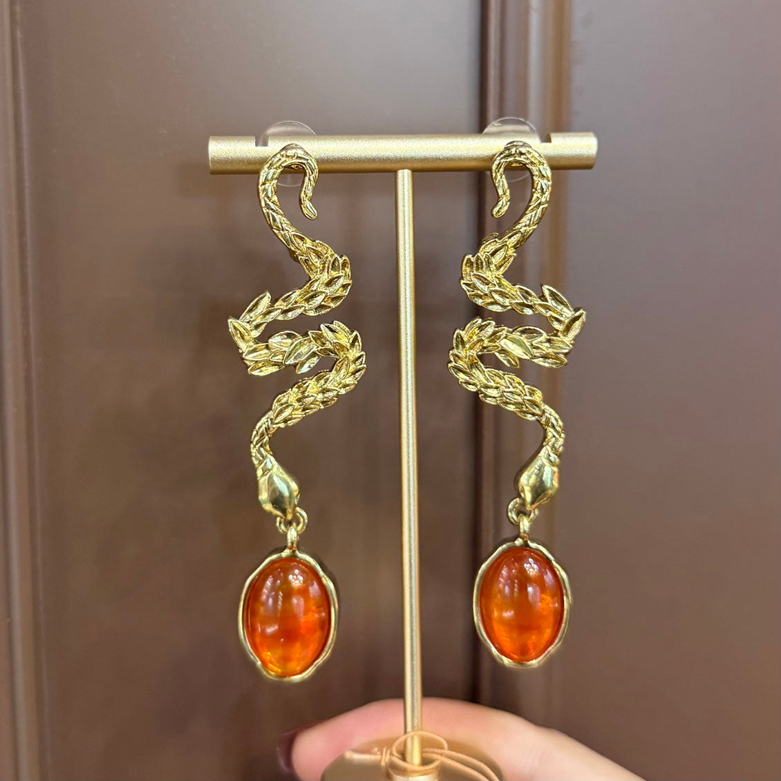 Vintage Style Snake Drop Earrings for Women, Gold Tone Orange Crystal Dangle Earrings, Nature Inspired Jewelry Gift