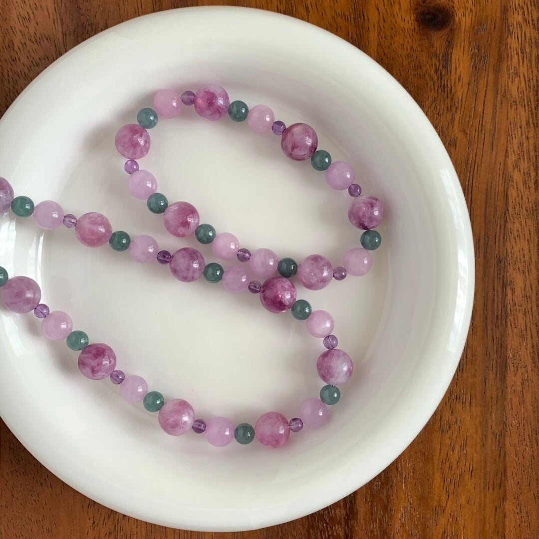 Natural Pink Lepidolite, Kunzite, Amethyst, Agate Crystal Necklace for Women Men | Beaded Gemstone Jewelry