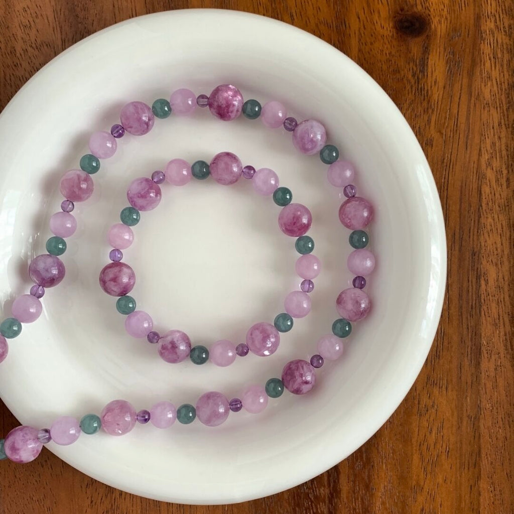 Natural Pink Lepidolite, Kunzite, Amethyst, Agate Crystal Necklace for Women Men | Beaded Gemstone Jewelry