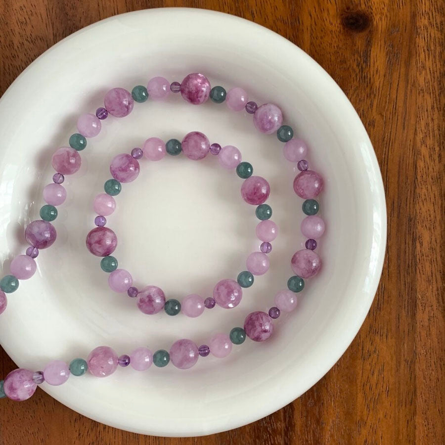 Natural Pink Lepidolite, Kunzite, Amethyst, Agate Crystal Necklace for Women Men | Beaded Gemstone Jewelry