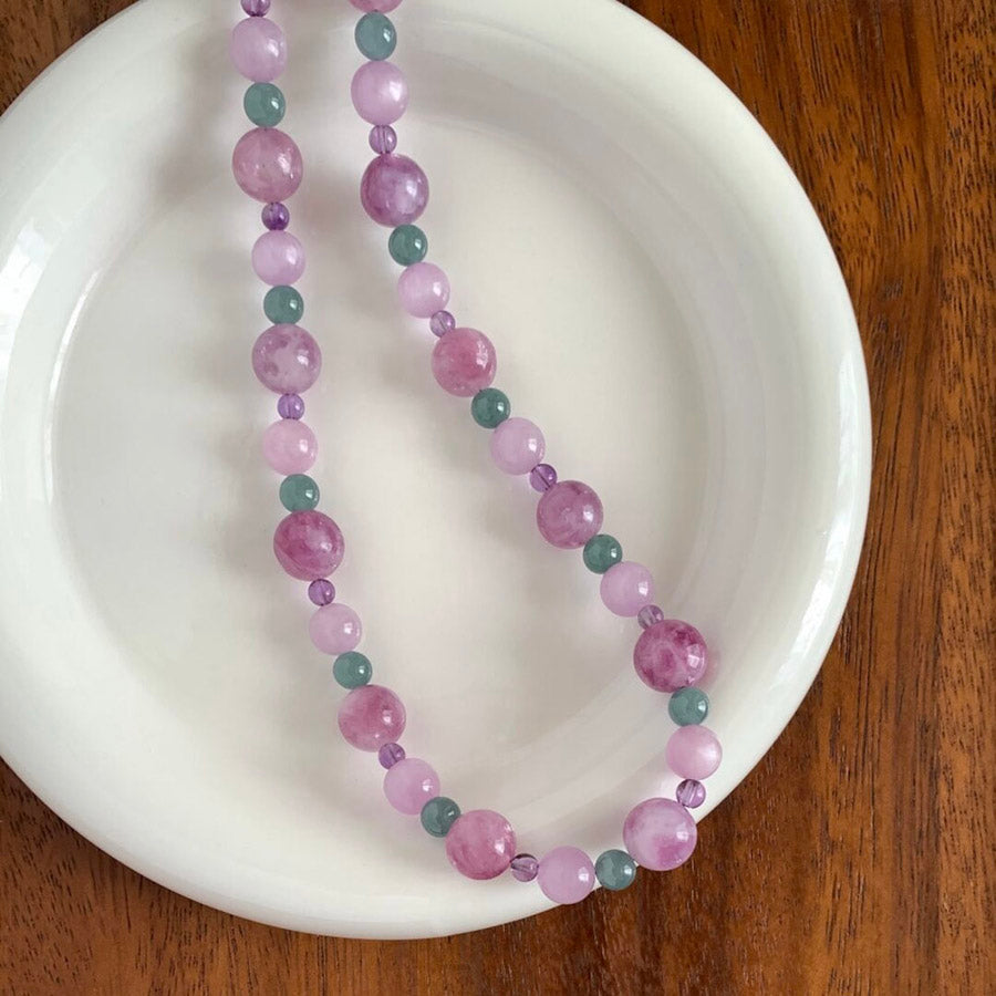 Natural Pink Lepidolite, Kunzite, Amethyst, Agate Crystal Necklace for Women Men | Beaded Gemstone Jewelry