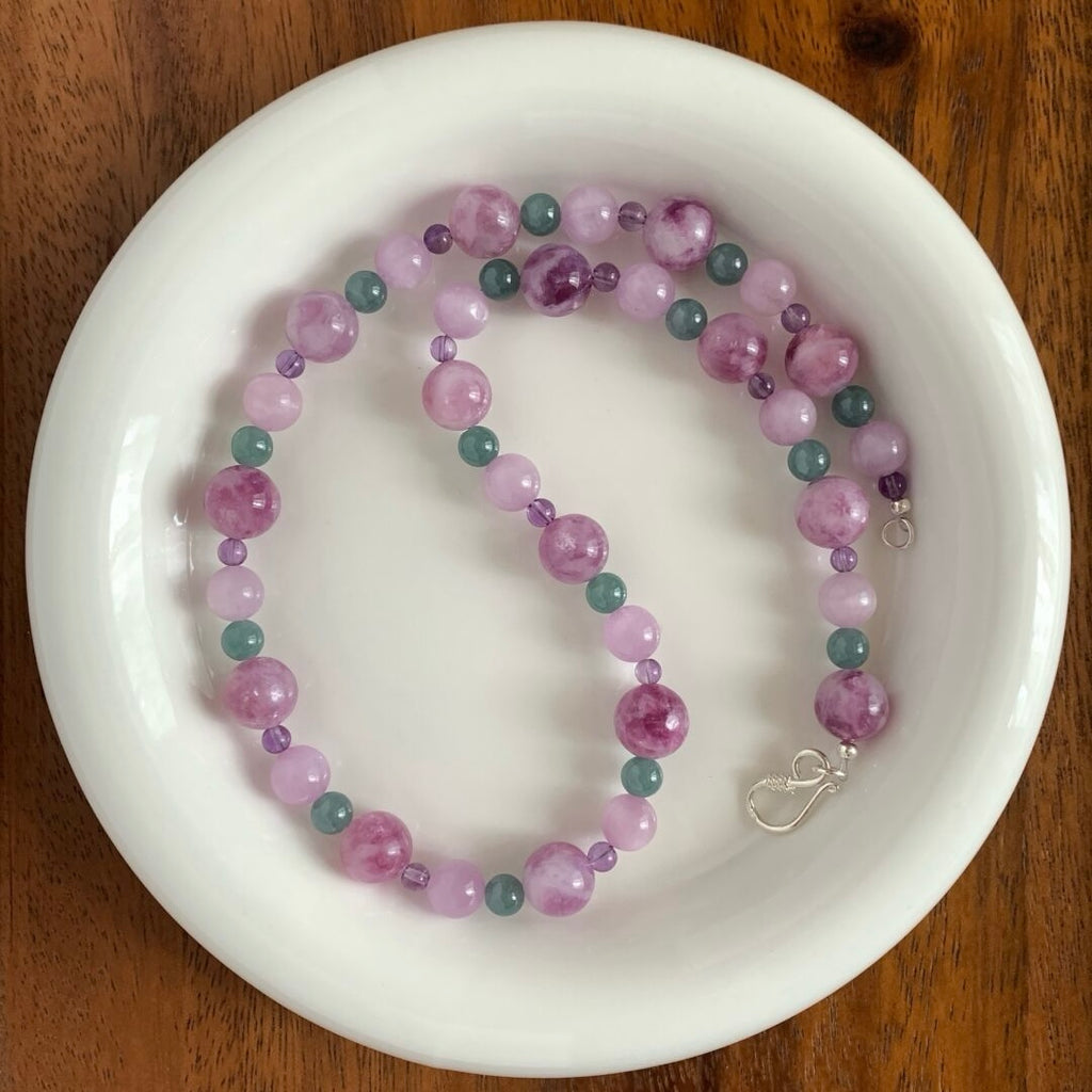 Natural Pink Lepidolite, Kunzite, Amethyst, Agate Crystal Necklace for Women Men | Beaded Gemstone Jewelry