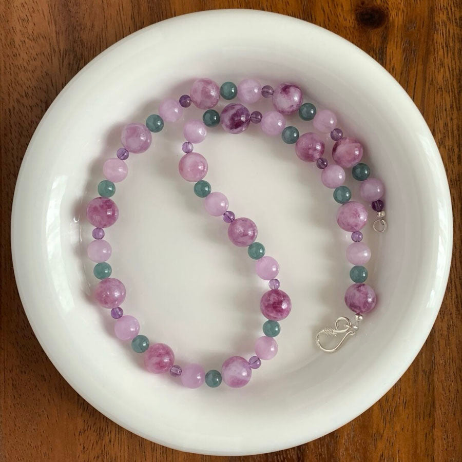 Natural Pink Lepidolite, Kunzite, Amethyst, Agate Crystal Necklace for Women Men | Beaded Gemstone Jewelry